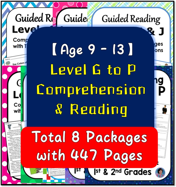 【ENG COMPREHENSION & READING】AGE 9-13 : LEVEL G TO P (Total 8 Packages : 447 PAGES)