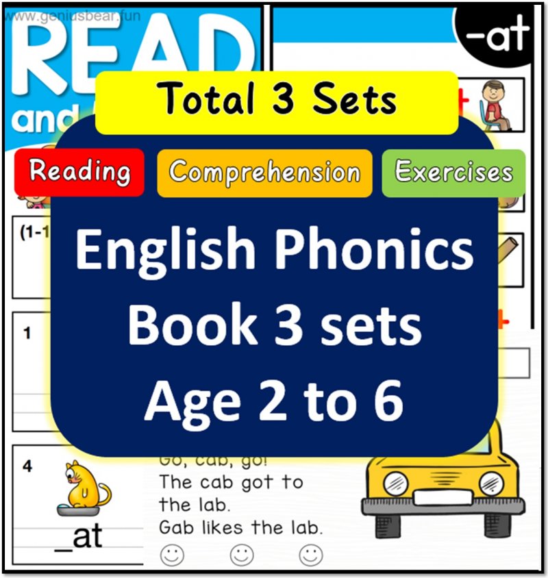 【Age 2 to 6】English Phonics Book 3 sets (Reading + Comprehension + Exercises)