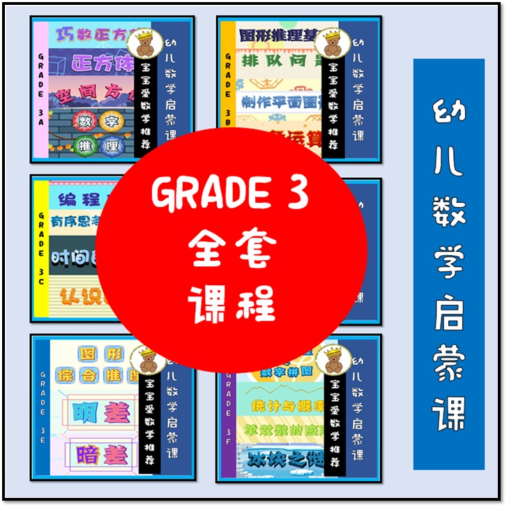 【5-6岁幼儿数学启蒙课 Grade 3 全套】全套包括GRADE 3A- 3F : 有趣的动漫视频教学 + 课本作业（有答案）